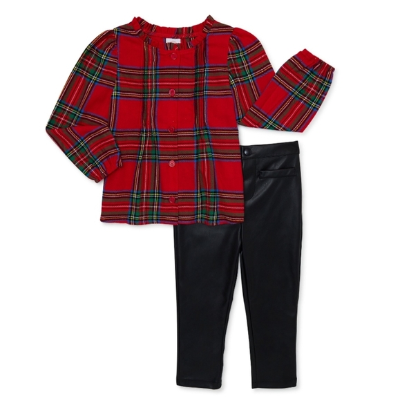 Holiday outfit plaid shirt & pleather pants - Picture 1 of 5